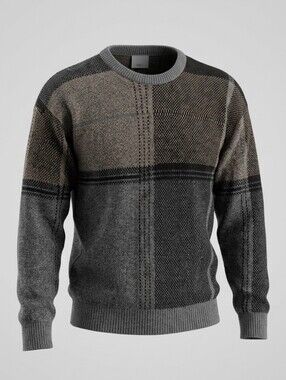 Vintage London Fog Grey Geometric Plaid Patchwork Crewneck Men's Wool Sweater L